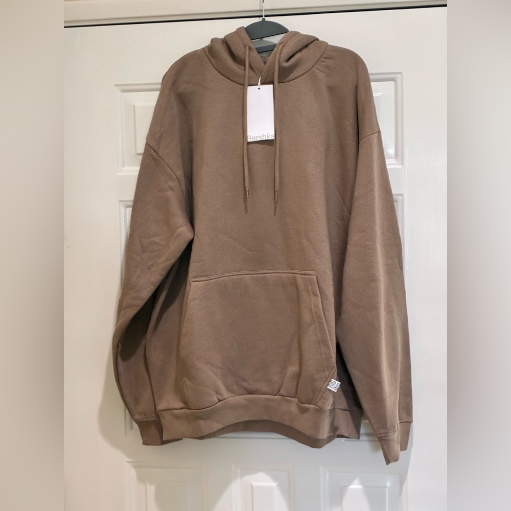 Bershka Men's loose fit taupe hoodie sweatshirt